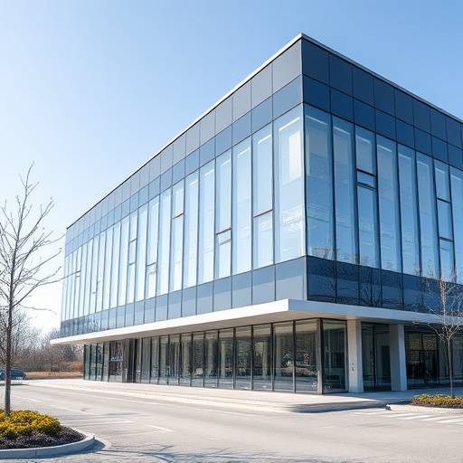 Architectuurfoto van een modern kantoorgebouw met strakke lijnen