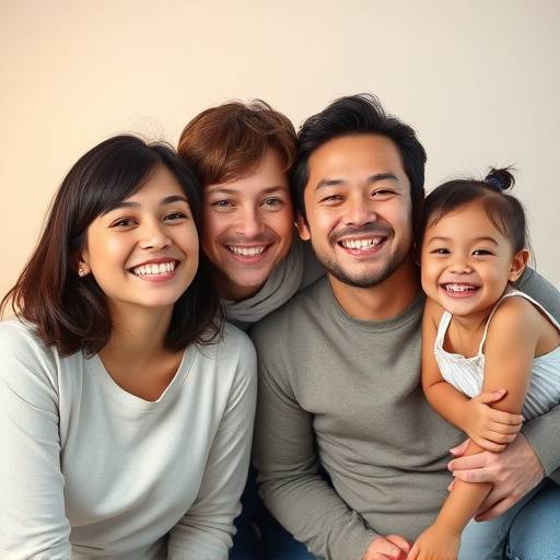 Een familieportret met lachende gezichten in een studio-opstelling