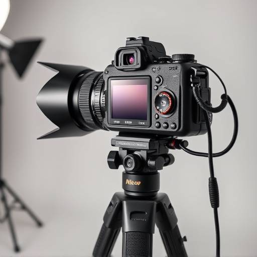 Een foto van een professionele camera op statief in een studio met zachte, gerichte belichting.