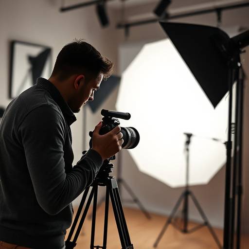 Een professionele fotograaf aan het werk in een moderne fotostudio, belicht met zacht licht.