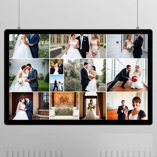Een selectie van diverse foto's uit het portfolio, waaronder een bruidspaar, een zakelijk portret en een kinderfoto, getoond op een digitale display.