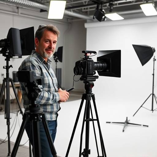 Elias den Boer, de oprichter, staand in zijn studio met een camera
