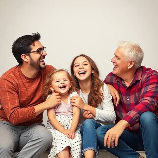Familie die lacht tijdens een fotoshoot in een studio
