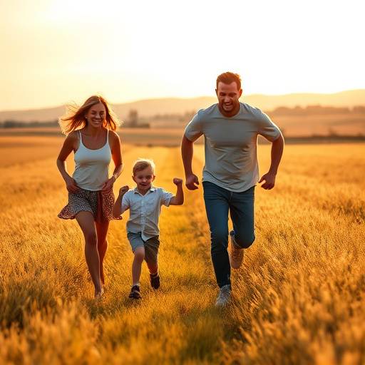Gezinsfoto van ouders met twee kinderen die op een grasveld rennen.