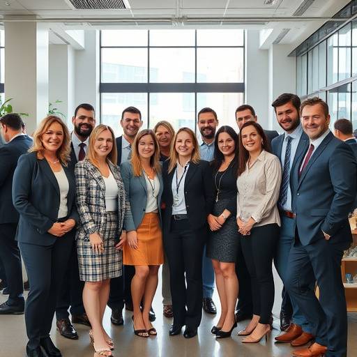 Groepsfoto van een team tijdens een bedrijfsevenement.
