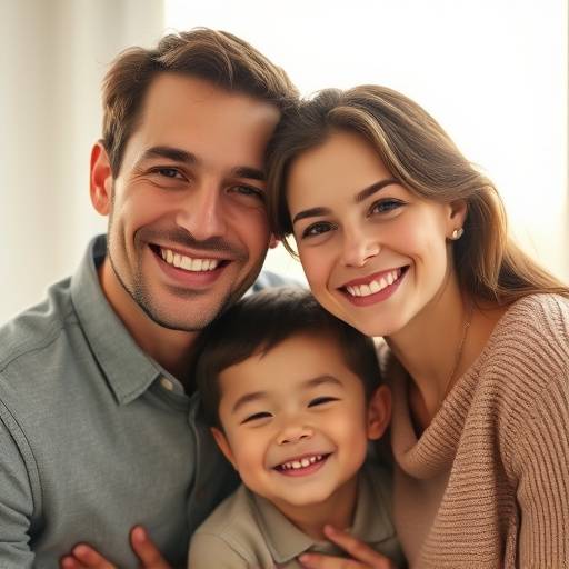 Portret van een lachend gezin met zachte achtergrondbelichting.