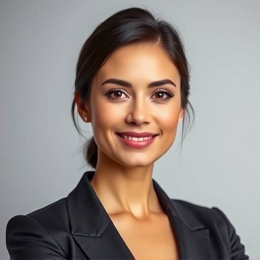 Zakelijk portret van een zelfverzekerde vrouw in een studio-omgeving.